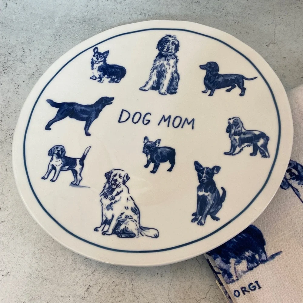 Anthropologie Molly Hatch Dog Mom Dessert Plate Tea Towel Set NWT Dog Lover Gift